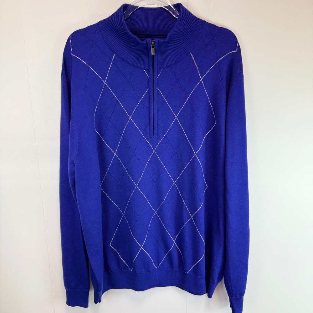 FootJoy Golf 1/4 Zip Pullover Sweater Argyle 100% Wool Purple/Blue XL‎ Preppy